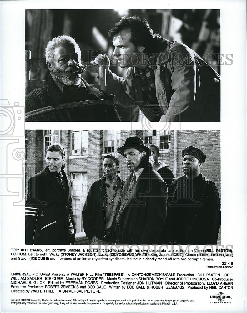 1992 Press Photo &quot;Trespass&quot; Stars Art Evans, Bill Paxton &amp; Stoney Jackson- Historic Images