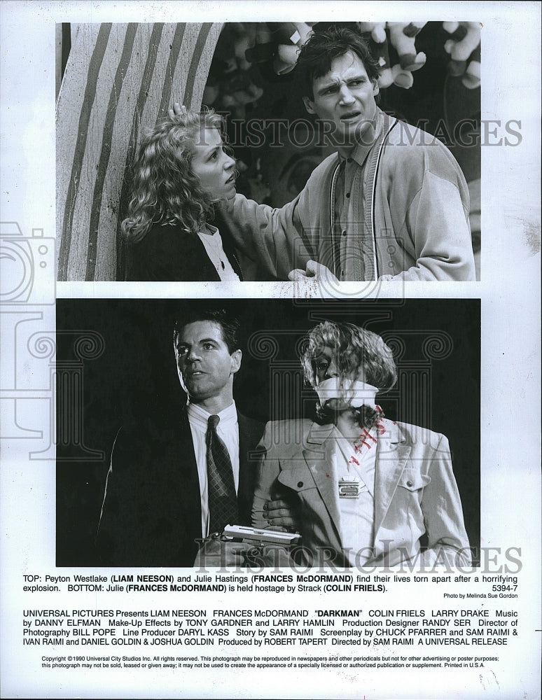 1990 Press Photo Liam Neeson.Frances McDormand, and Colin Friels in &quot;Darkman&quot;. - Historic Images