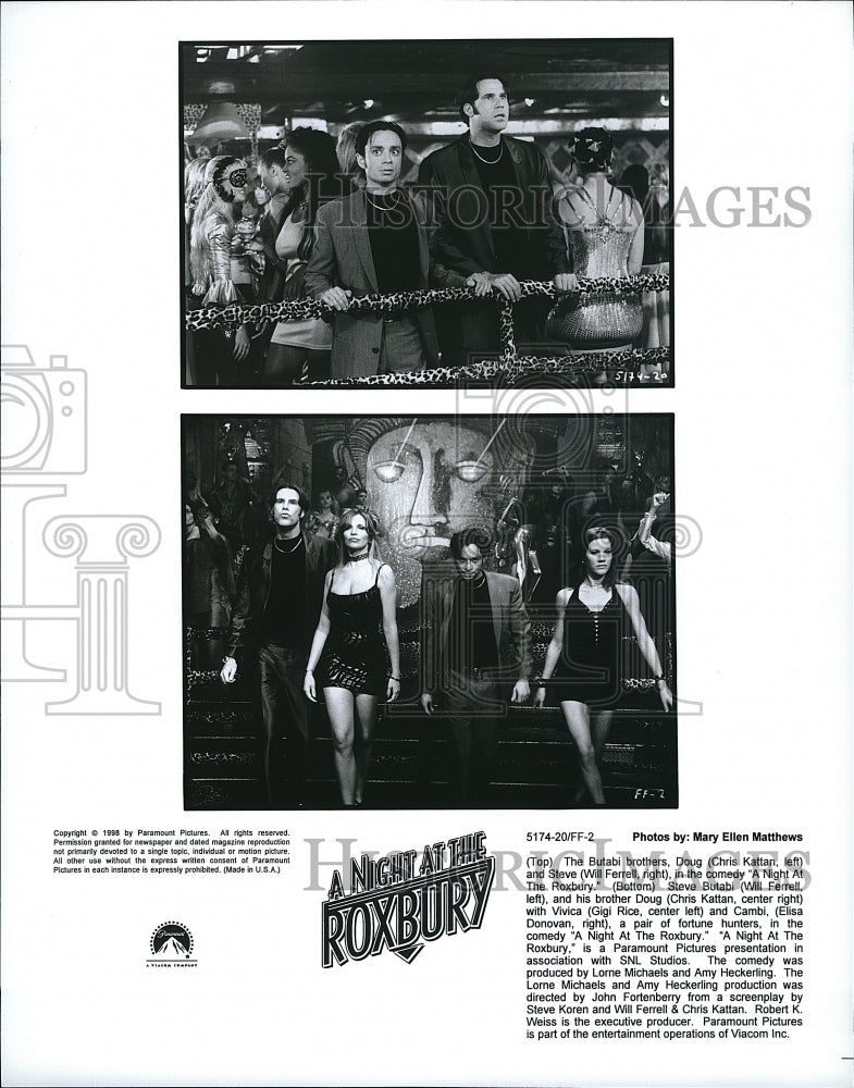 1998 Press Photo Chris Kattan, Will Ferrell, Gigi Rice &quot;A Night at the Roxbury&quot;- Historic Images