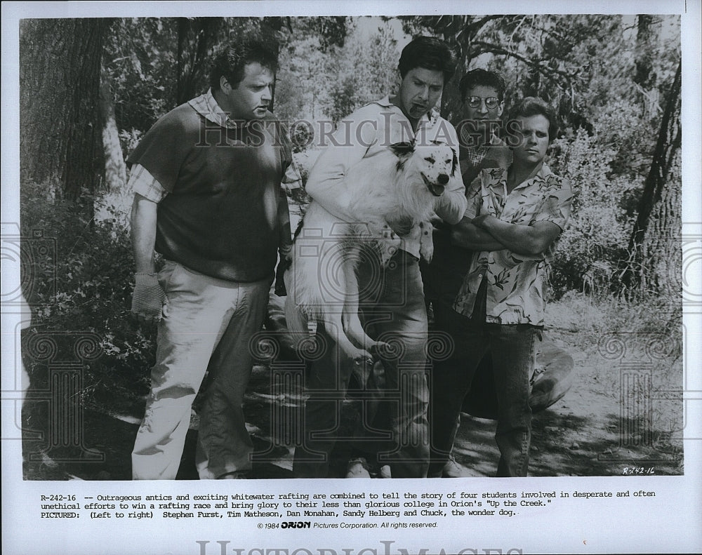 1984 Press Photo Stephen Furst, Tim Matheson, D. Monahan &quot;Up the Creek&quot;- Historic Images