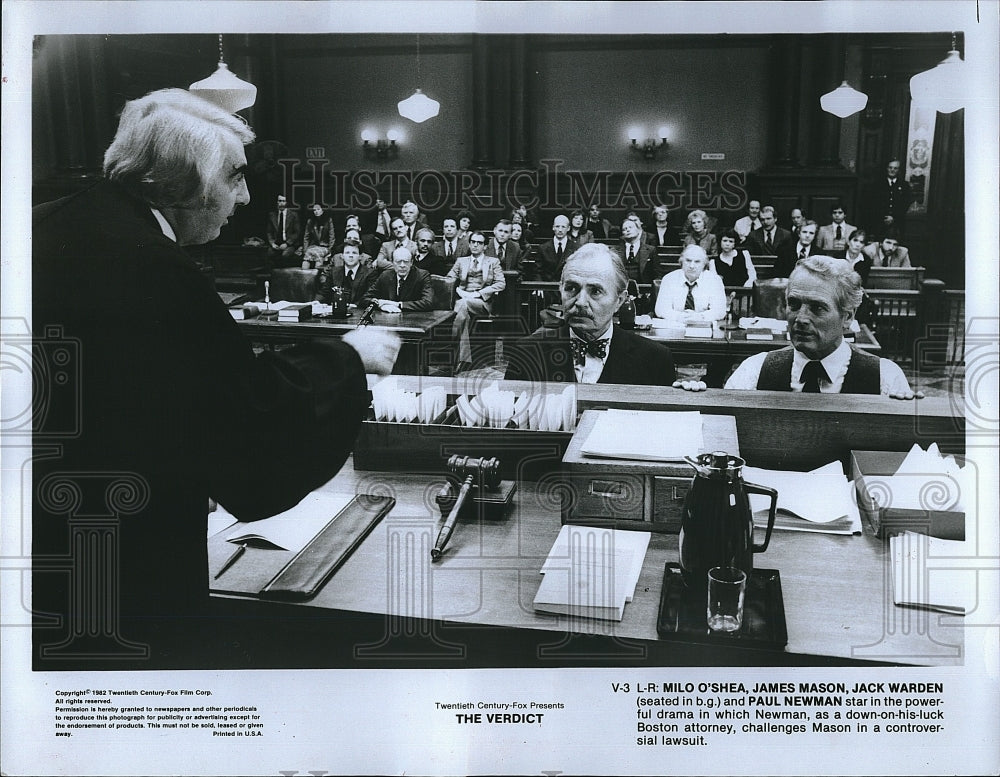 1982 Press Photo Milo O&#39;Shea, James Mason, Jack Warden Paul Newman &quot;The Verdict&quot;- Historic Images