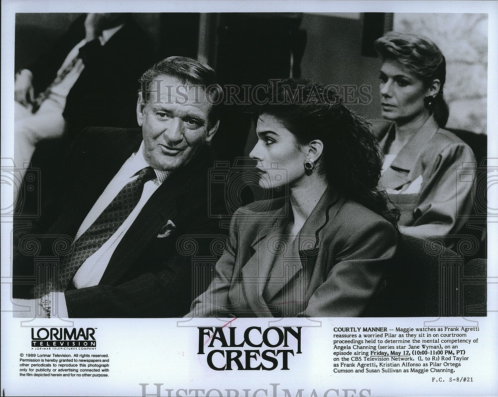 1989 Press Photo Rod Taylor Kristian Alfonso Susan Sullivan Falcon Crest Drama- Historic Images