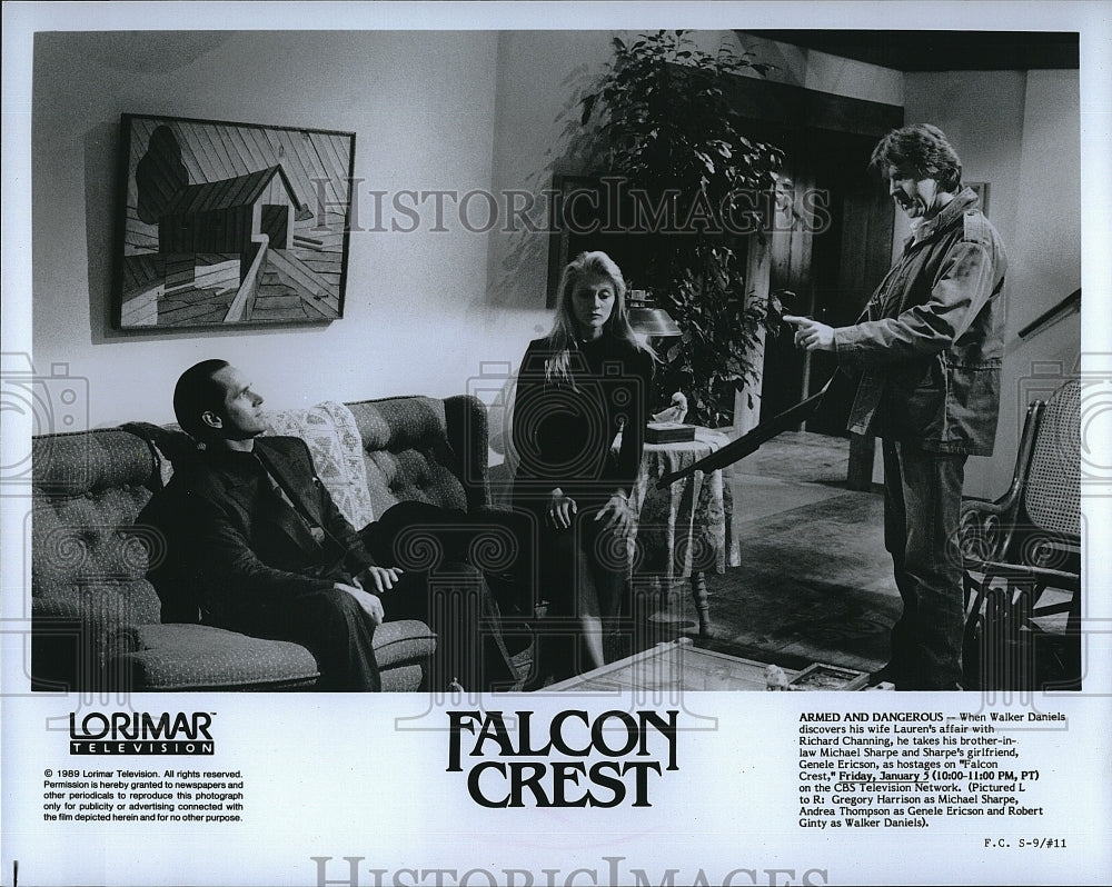 1989 Press Photo Gregory Harrison Andrea Thompson Robert Ginty in &quot;Falcon Crest&quot;- Historic Images