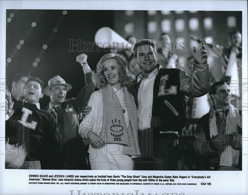 1988 Press Photo Jessica Lange &amp; Dennis Quaid In &quot;Everybody&#39;s All-American&quot;- Historic Images