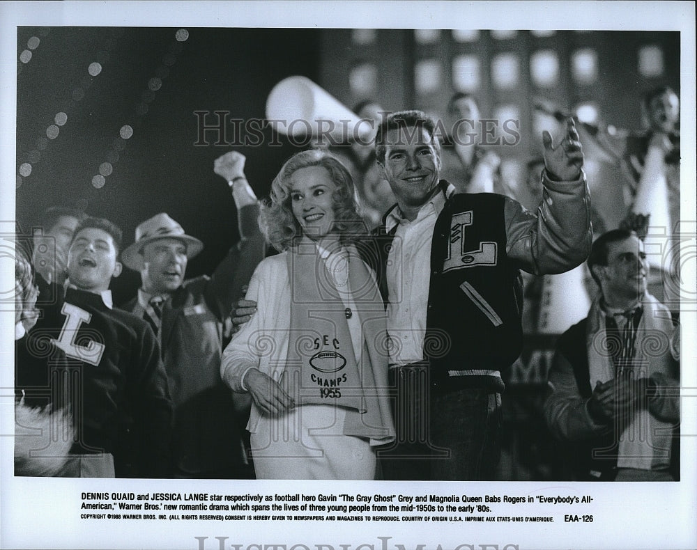 1988 Press Photo Jessica Lange & Dennis Quaid In "Everybody's All-American"- Historic Images