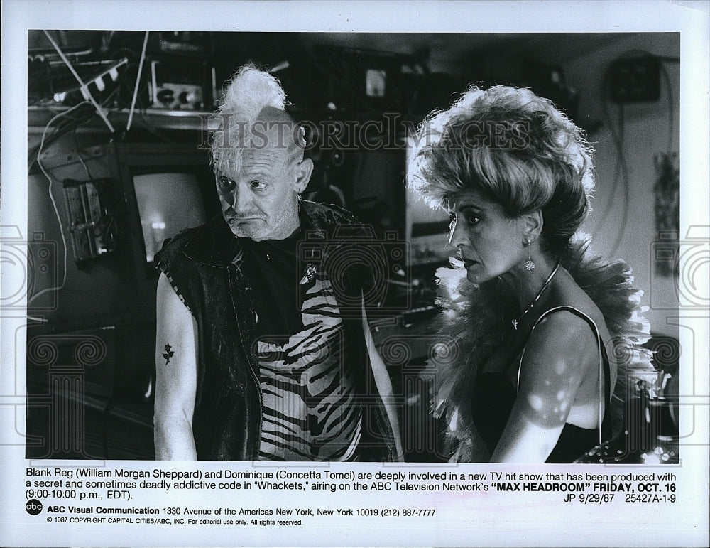 1987 Press Photo Actor William Morgan Sheppard, Concetta Tomei In Max Headroom- Historic Images