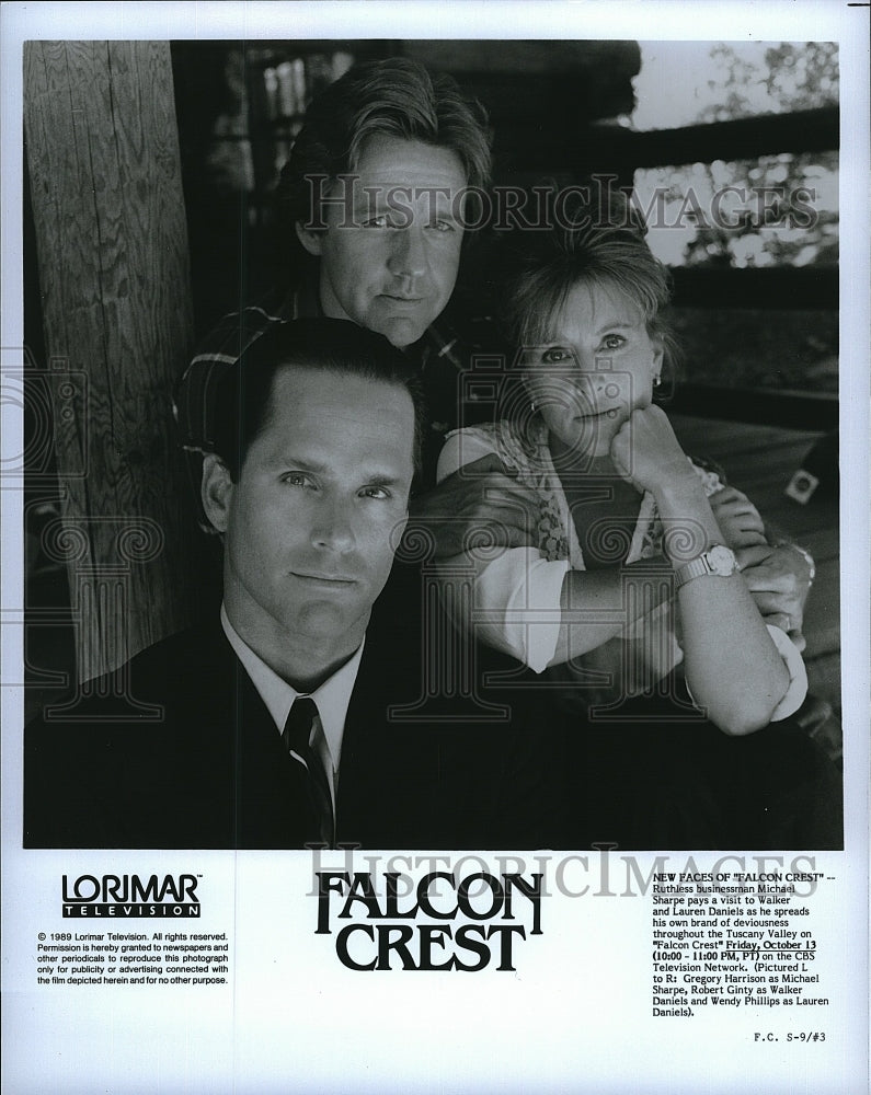 1989 Press Photo Gregory Harrison,Robert Ginty &amp; Wendy Phillips in Falcon Crest- Historic Images