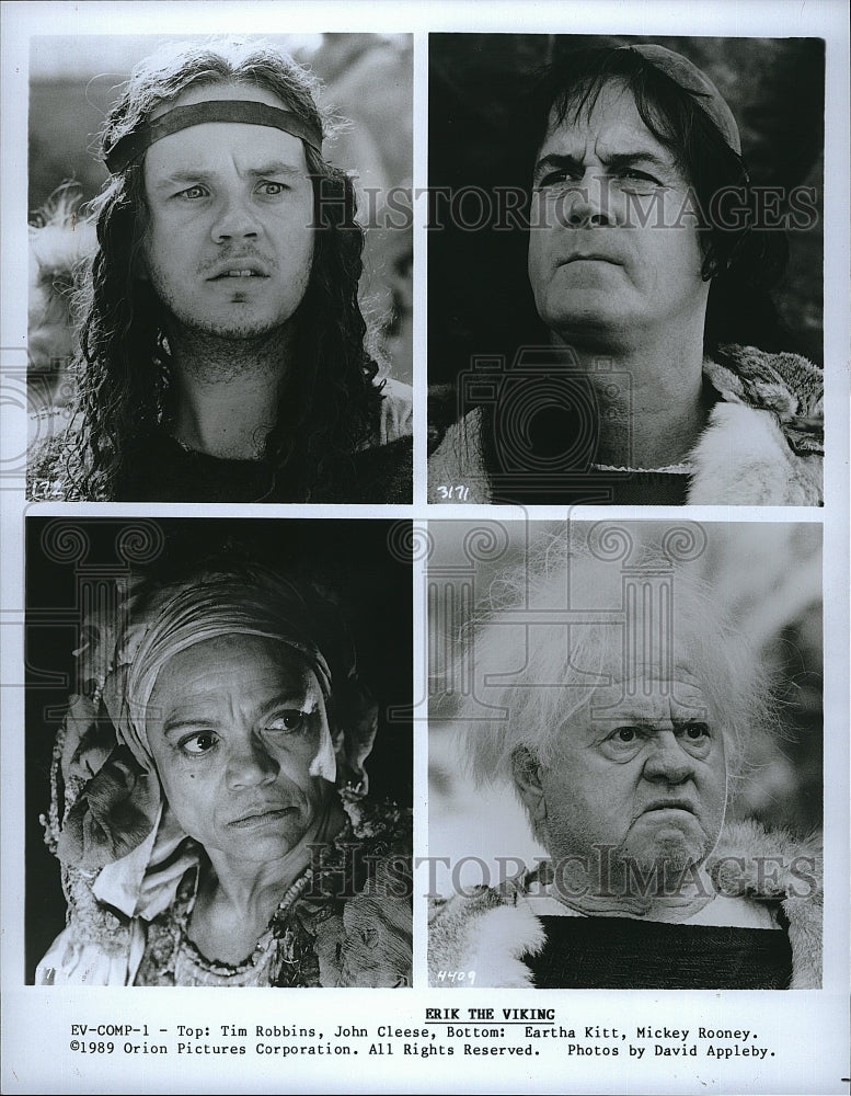 1989 Press Photo T. Robbins, J. Cleese, E. Kitt, Mickey Rooney &quot;Erik the Viking&quot;- Historic Images