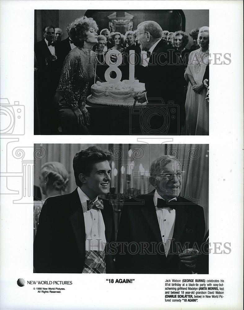 1988 Press Photo George Burns, Anita Morris and Charlie Schlatter in &quot;18 Again&quot;.- Historic Images