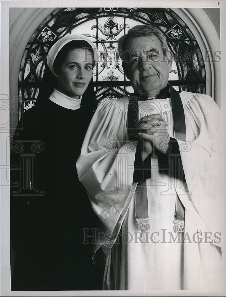 1989 Press Photo Tom Bosley, Tracy Nelson &quot;Father Dowling Mysteries&quot;- Historic Images