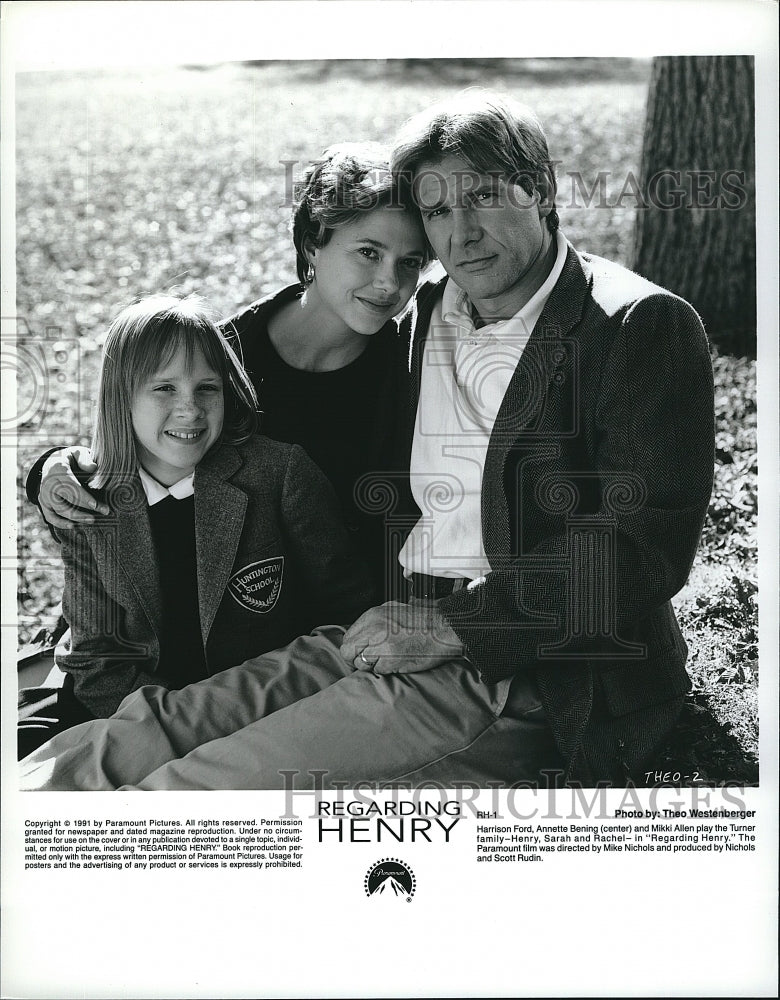 1991 Press Photo &quot;Regarding Henry&quot; Harrison Ford, Annette Benning,Mikki Allen- Historic Images