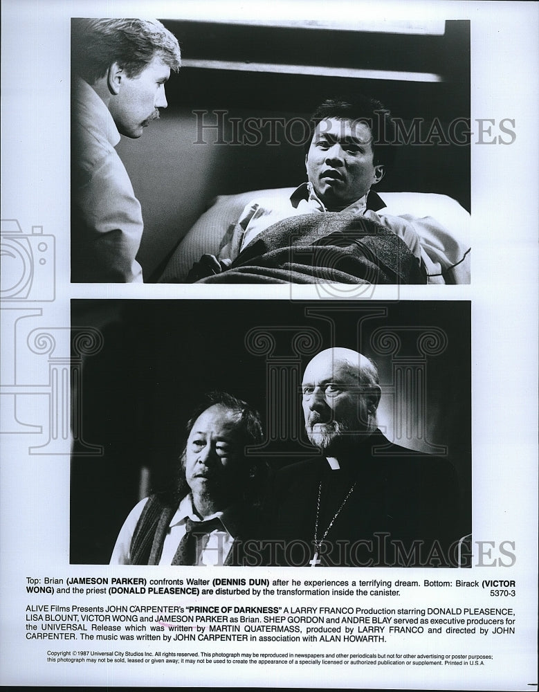 1987 Press Photo Jameson Parker, Dennis Dun, Victor Wong, Donald Pleasence- Historic Images