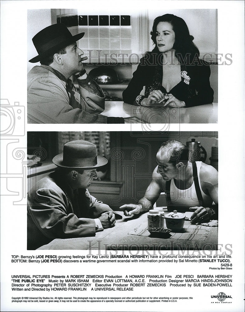 1992 Press Photo Joe Pesci, Barbara Hershey, Stanley Tucci, &quot;The Public Eye&quot;- Historic Images