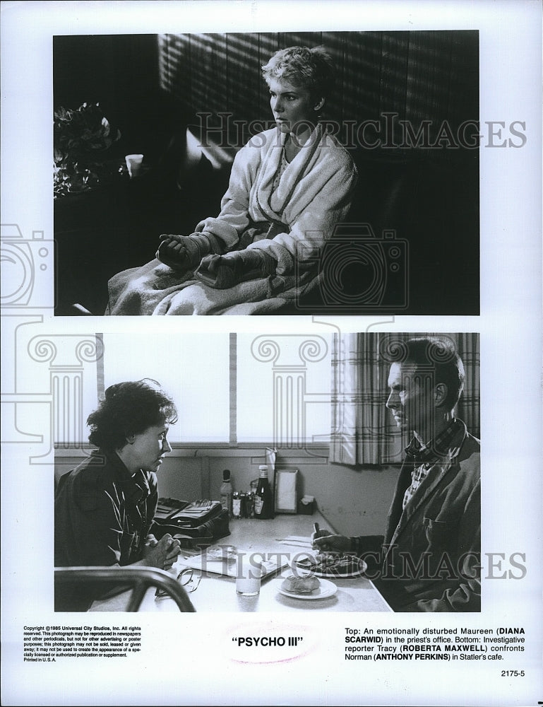 1985 Press Photo Scarwid Maxwell &amp; Perkins Star In &quot;Psycho III&quot;- Historic Images