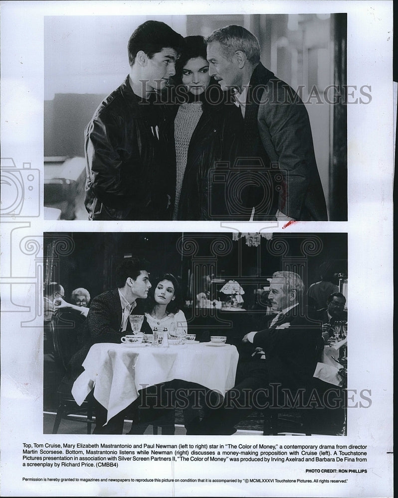 1986 Press Photo Tom Cruise, Mary Elizabeth Mastrantonio, Paul Newman- Historic Images