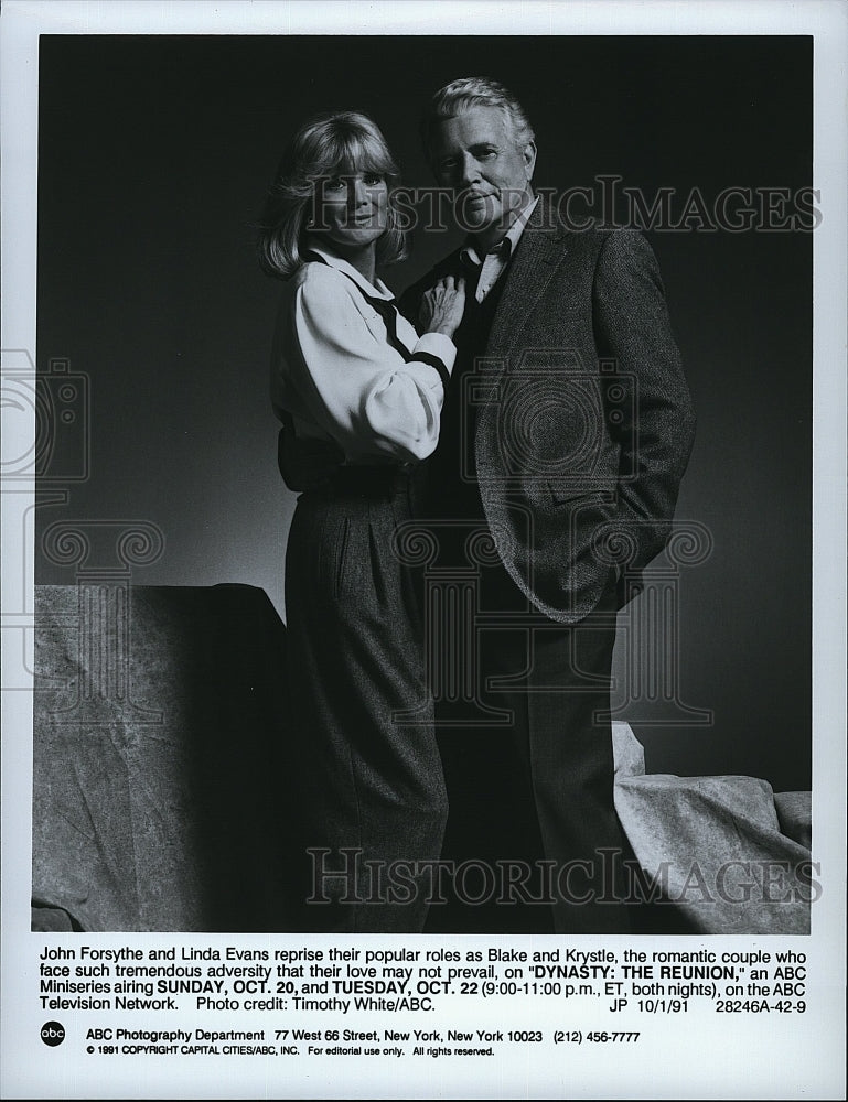 1991 Press Photo John Forsythe Actor Linda Evans Actress Dynasty Drama TV Series- Historic Images