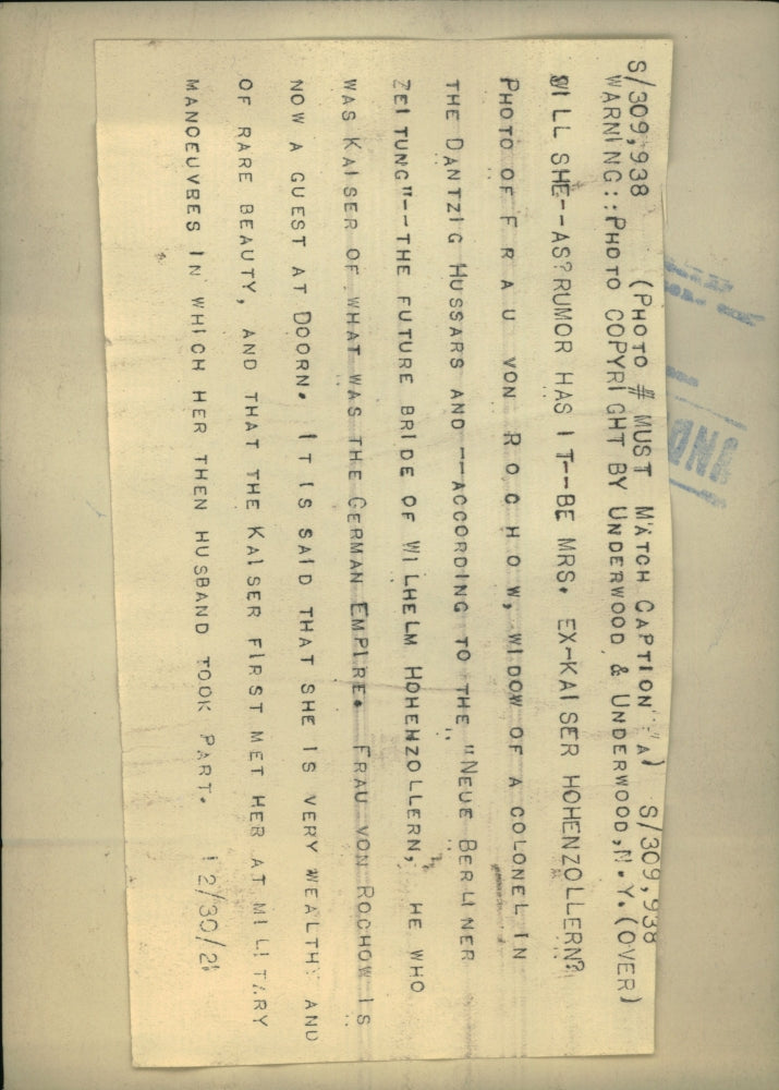 1921 Press Photo Frau von Rochow-colonel Hussars' widow - RRU20701