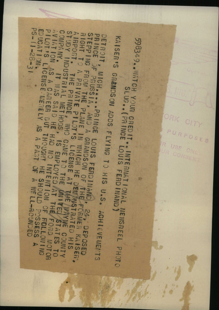 1931 Press Photo Prince Louis Ferdinand Russia Kaiser - RRU23297