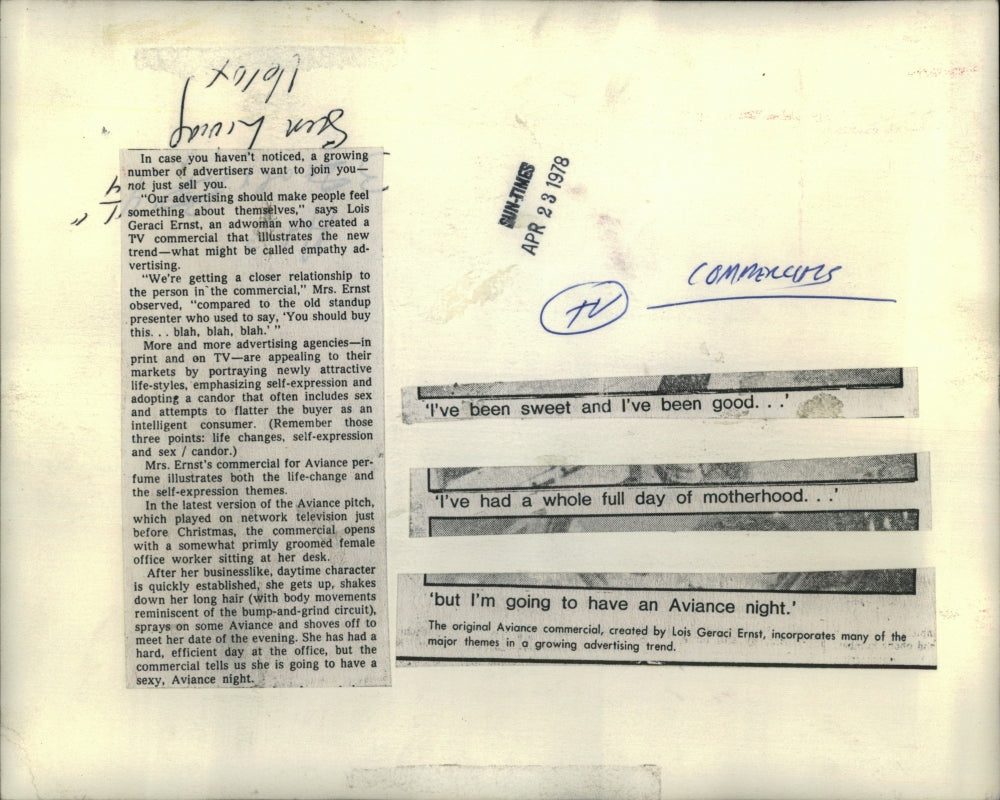 1978 Press Photo TV commercials Lois Geraci Ernst - RRU97995