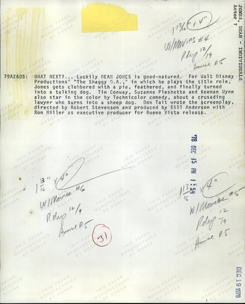 1976 Press Photo Luckily Dean Jones Walt Disney Shaggy - RRV15623