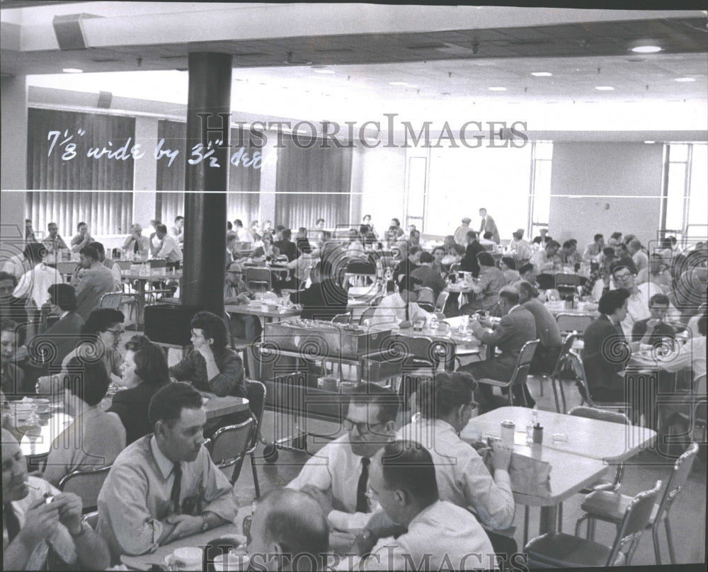 1957 Press Photo Gates dine cafeteria welfare employees - RRV29217- Historic Images