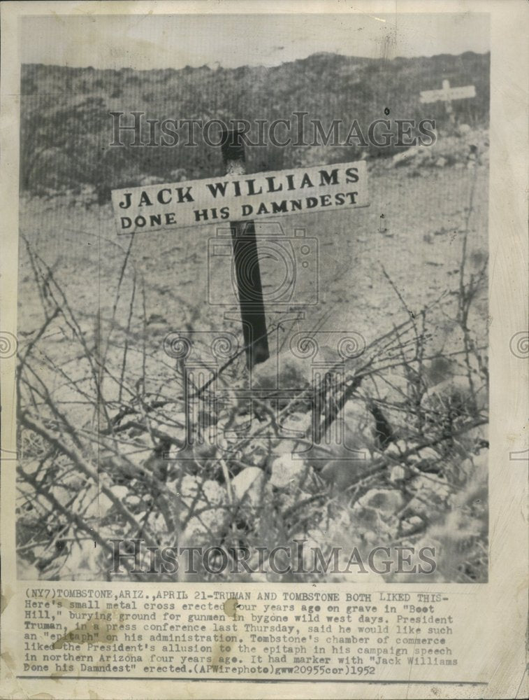 1952 Press Photo metal cross Tombstone Boot Hill marker - RRV69711- Historic Images