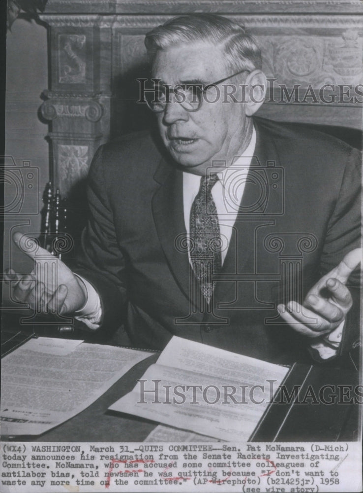 1958 Press Photo Senator Pat McNamara Rackets Michigan- RSA08579- Historic Images