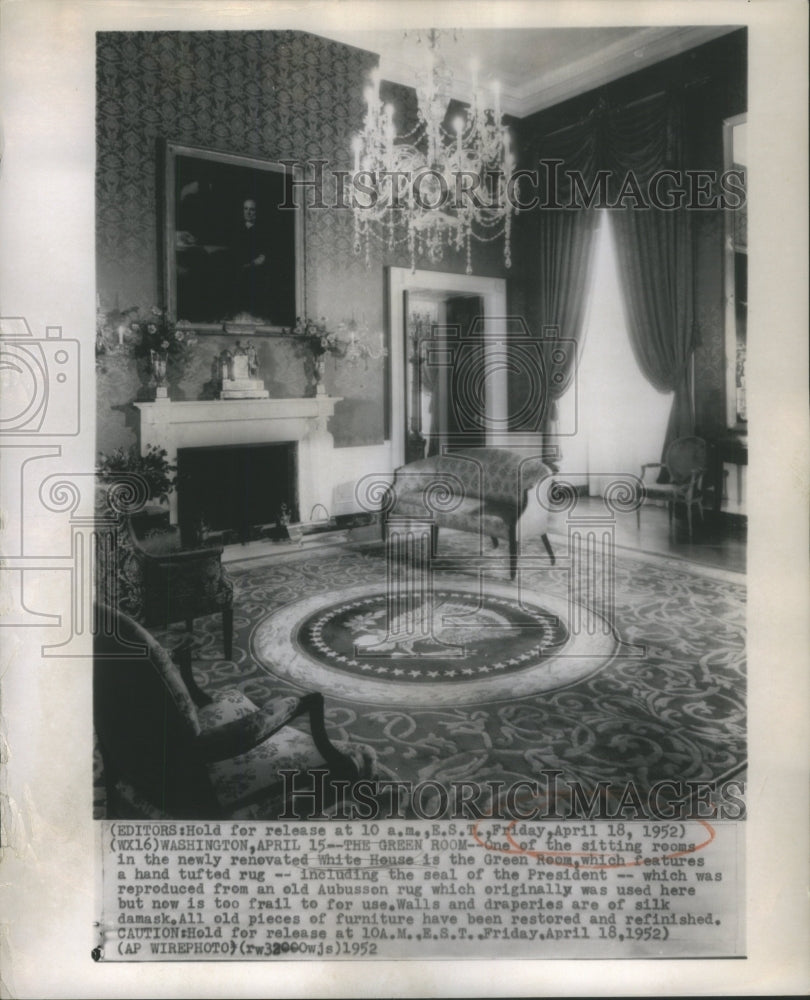 1952 Press Photo Green Room White house Aubusson Rug- RSA16117- Historic Images