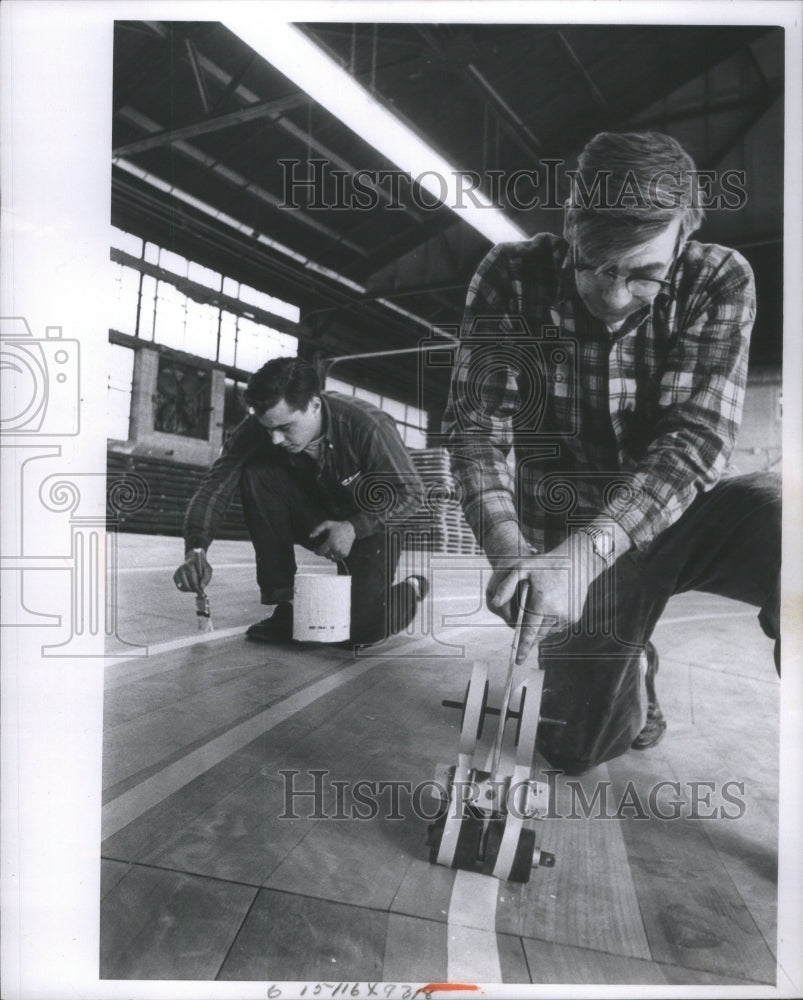 1965 Press Photo Workers Paint Lines On Floor Of Cobo A- RSA18463- Historic Images