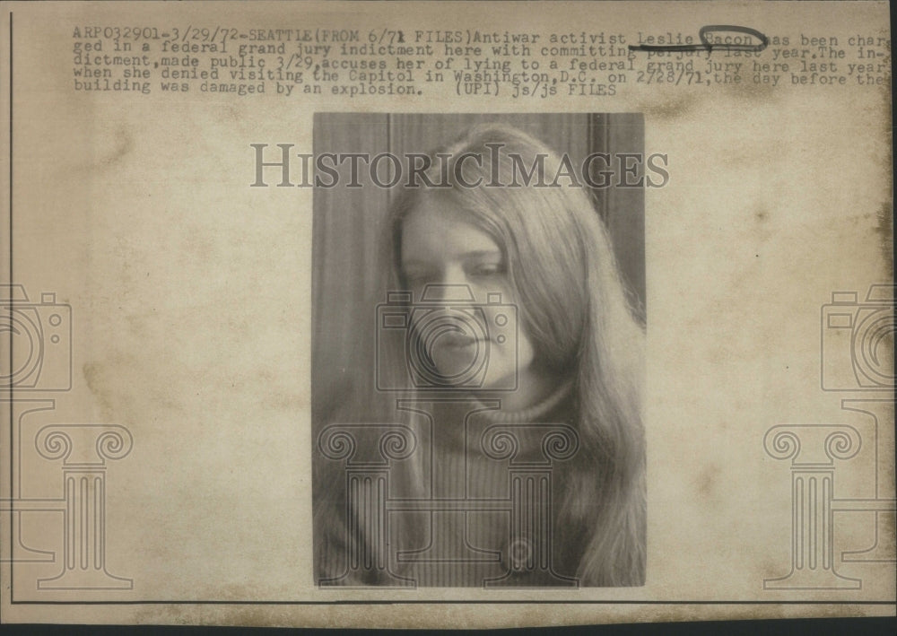 1972 Press Photo Leslie Bacon Antiwar Activist- RSA53145- Historic Images
