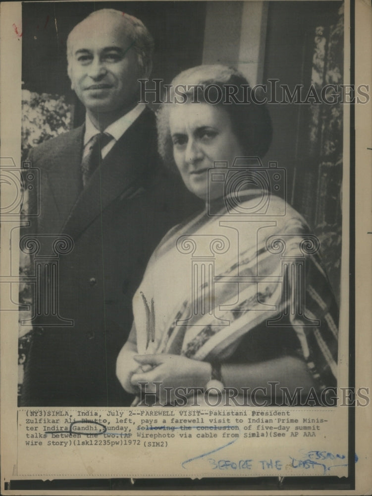 1972 Press Photo Farewell Pakistan president Zulfikar Ali Bhutto Indira Gandhi- Historic Images