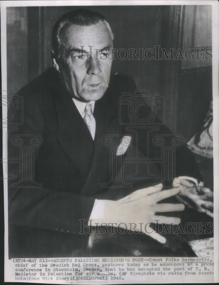 1948 Press Photo Count Folke Bernadette Sweden Stockholm Red Cross- RSA61877- Historic Images