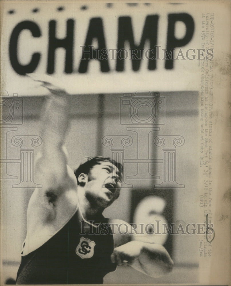 1972 Press Photo Strain Win Face University California Shot put Cobo Hall- Historic Images