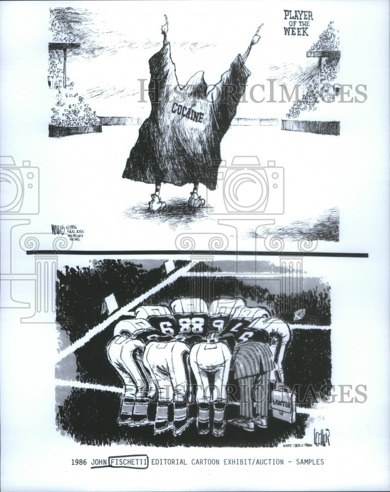 1986 Press Photo John Fischetti Editorial Cartoon Exhibit Auction Samples- Historic Images