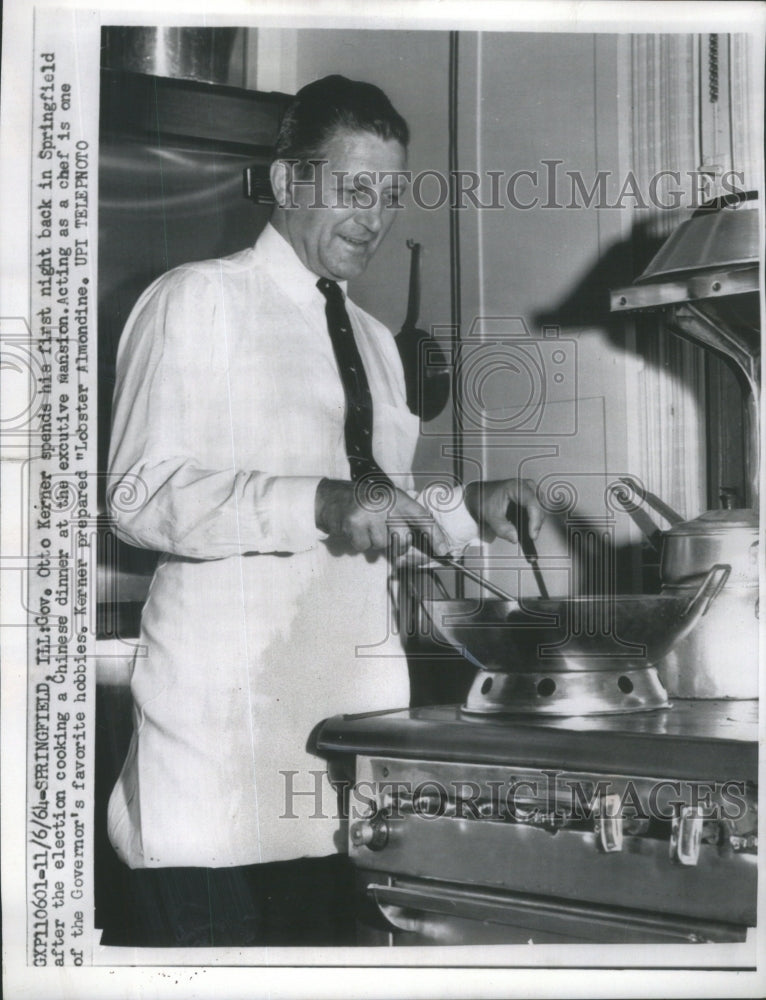 1964 Press Photo Illinois Otto Kerner Springfield cooking Chinese dinner Mansion- Historic Images