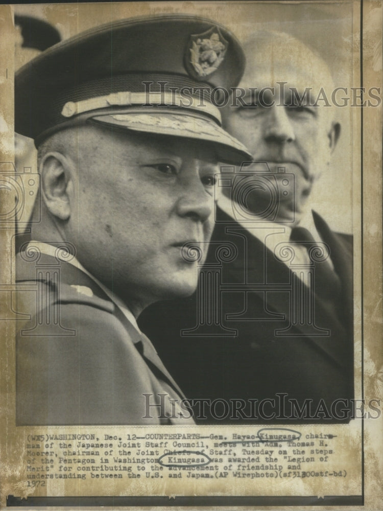 1972 Press Photo Gen. Hayao-Kimugasa Japan Adm. Thomas H. Moorer Pentagon- Historic Images