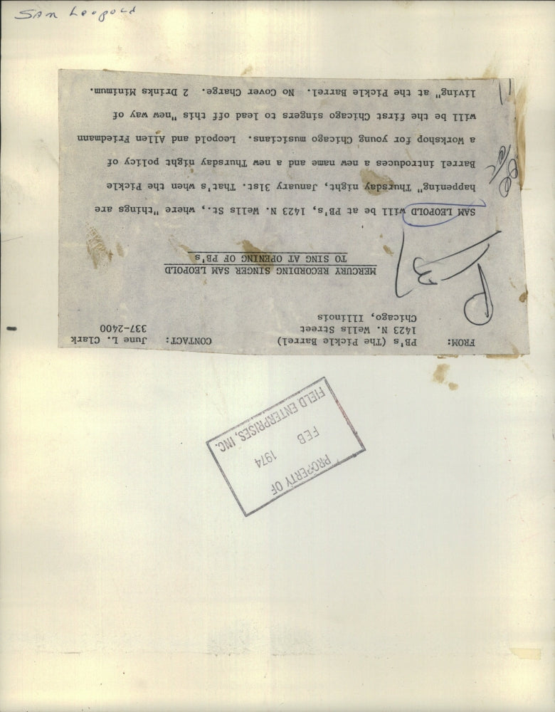 1974 Press Photo Sam Leopold Wells Thursday Night January Musician Young Chicago