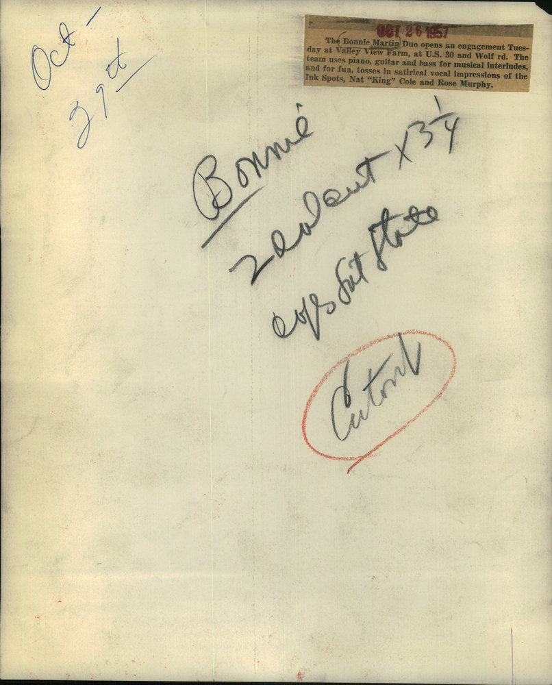 1957 Press Photo Bonnie Martin Duo Valley View Farm Wolf Nat King Ink Spots Film