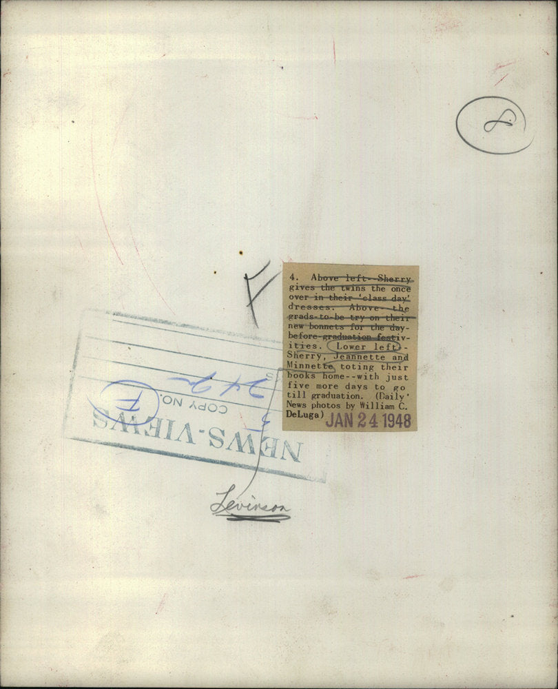 1948 Press Photo Lower Sherry Jeannette Minnette twins class day dresses Bopnnet