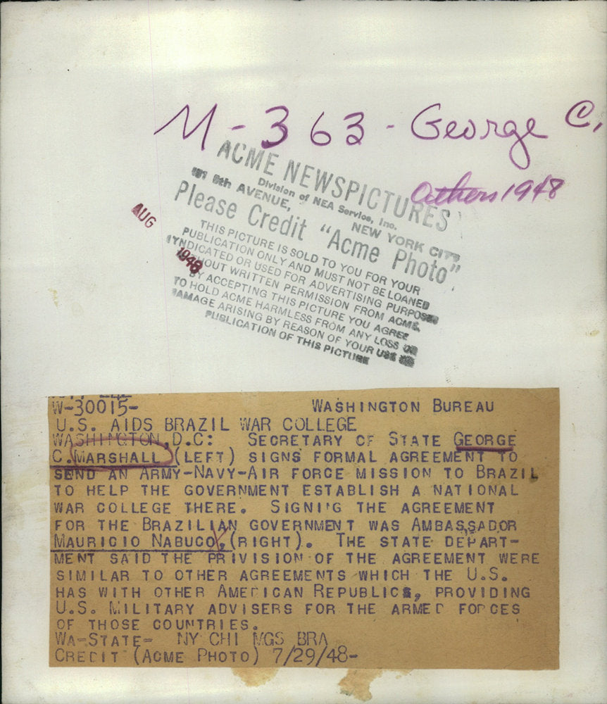 1948 Press Photo Scty Of State George Marshall & Brazilian Amb Mauricio Nabuco