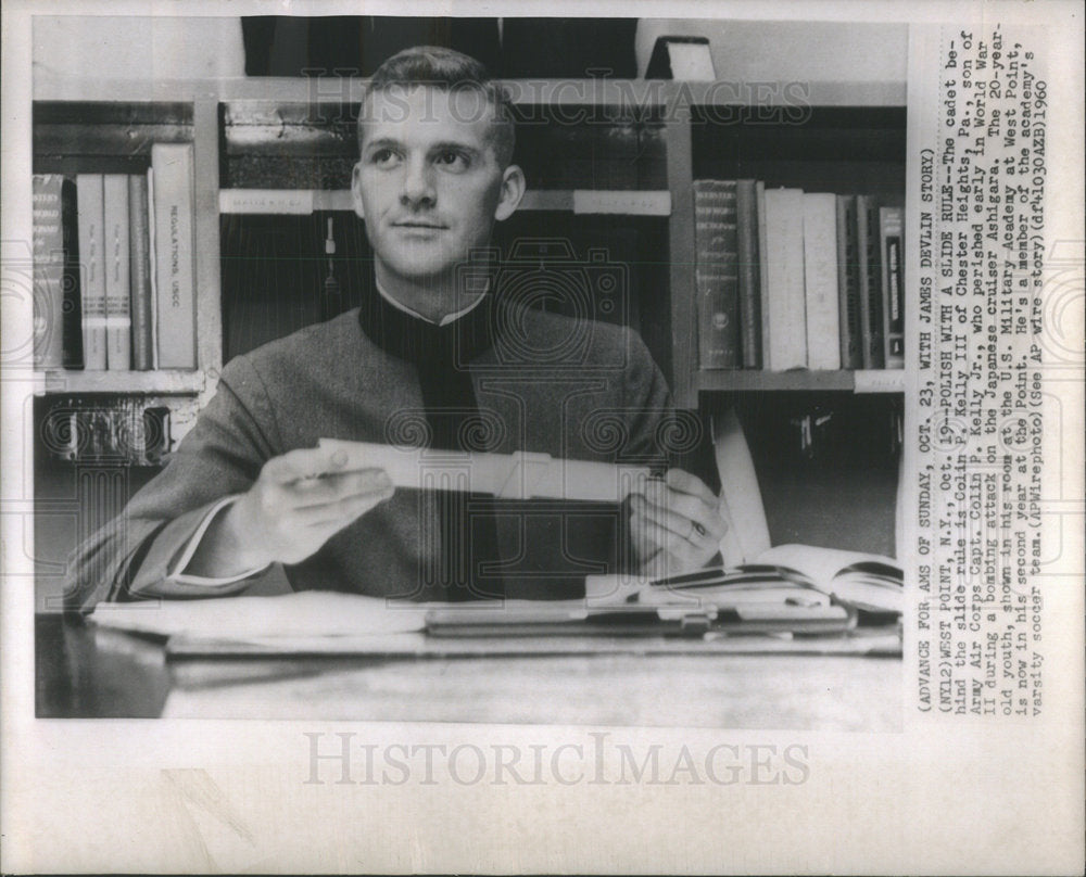 1960 Press Photo Colin P Kelly III @ West Point W/ Slide Rule- Historic Images