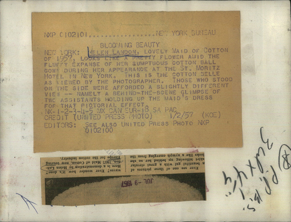 1957 Press Photo Helen Landon St. Moritz Hotel Maid Cotton - RSC09313
