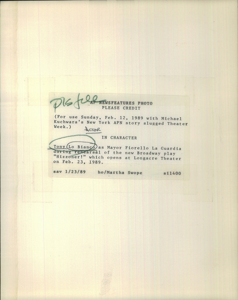 1989 Press Photo Tony Lo Bianco Fiorello La Guardia Hizzoner - RSC14971