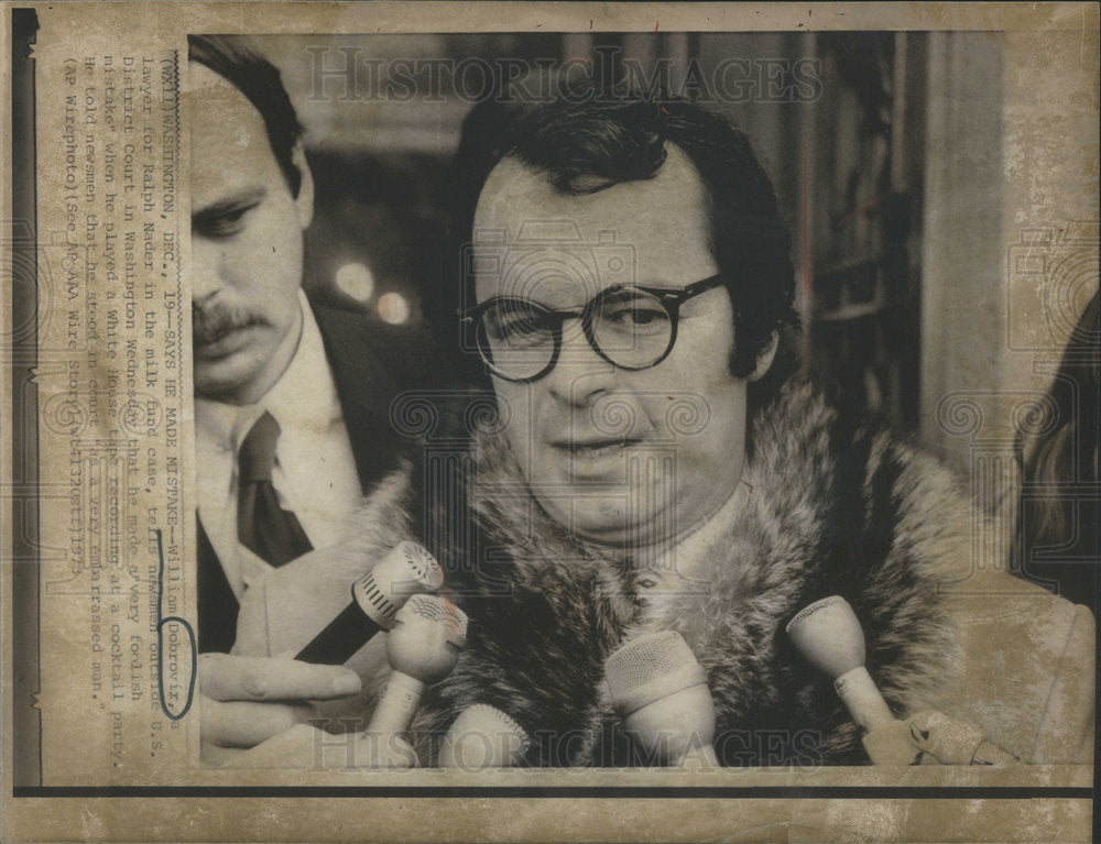1973 Press Photo William Dobrovir Lawyer for Ralph Nader, Milk Fund Case
