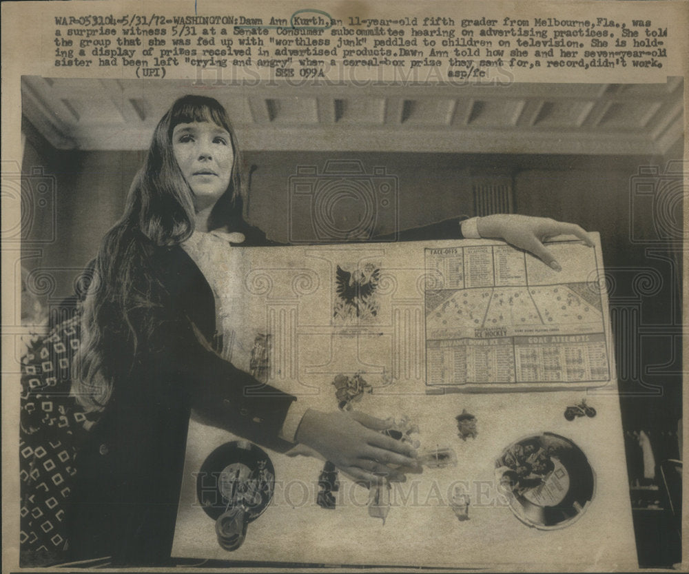 1972 Press Photo 11 Yr Old Dawn Ann Kurth B4 Advertisg Sen Subcommittee Hearing
