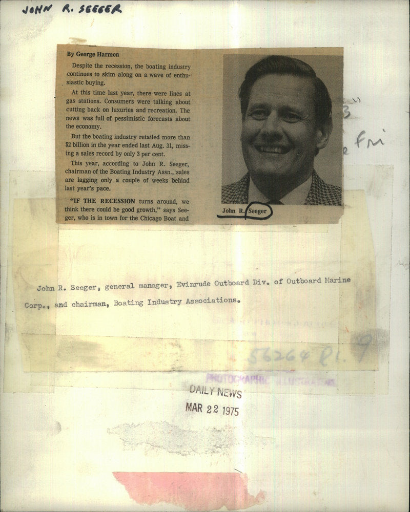 1975 Press Photo John Seeger Recession Boating Industry Association Marine Corp