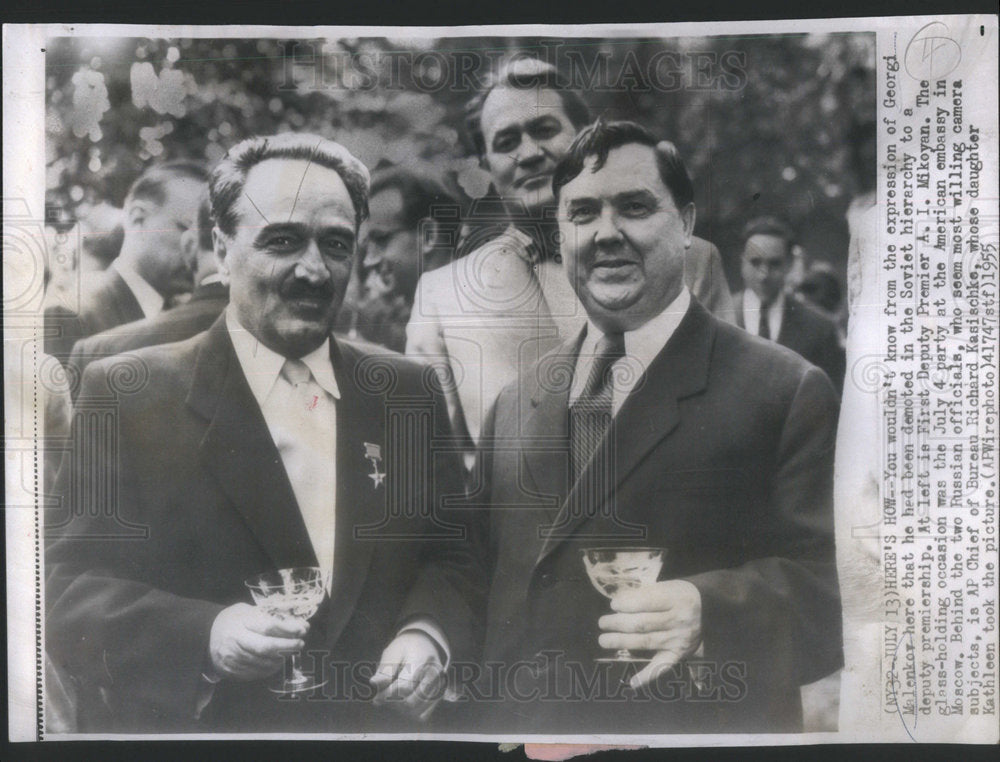 1955 Press Photo Soviet officials A.I. Mikoyan, Georgi Malenkov at party, Moscow- Historic Images