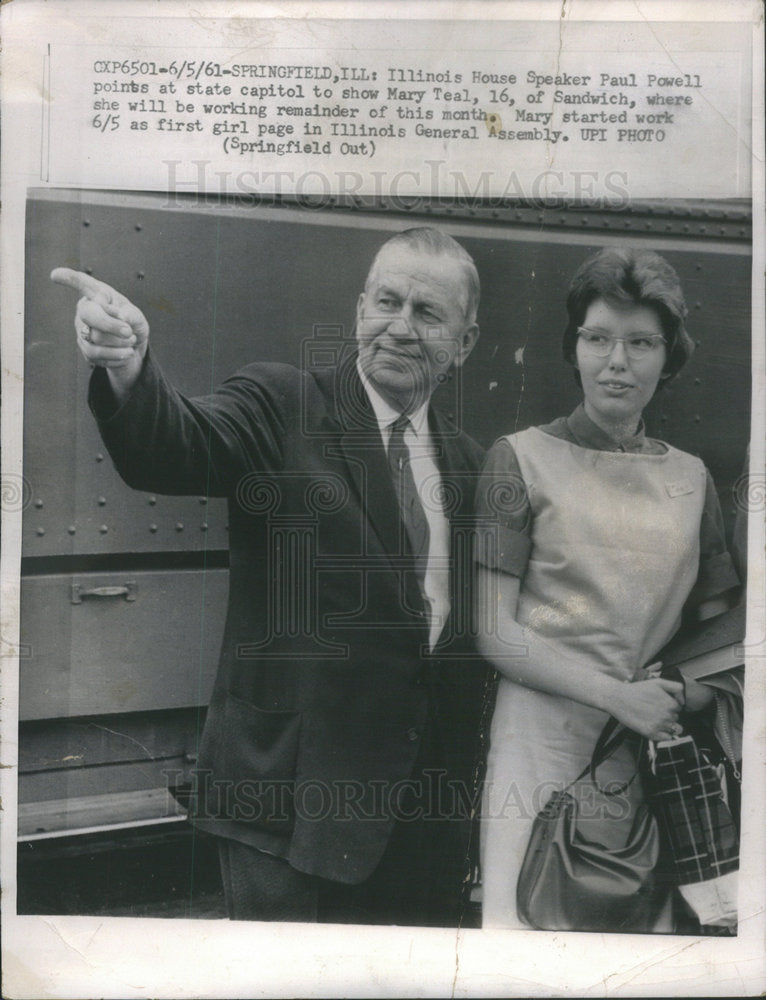 1961 Press Photo Ill.House Speaker Paul Powell with Mary Teal 1st Girl Page.