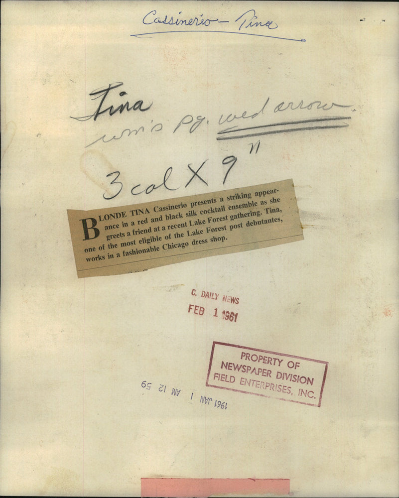 1961 Press Photo Tina Cassinerio Chicago Blonde & Model - RSC73929