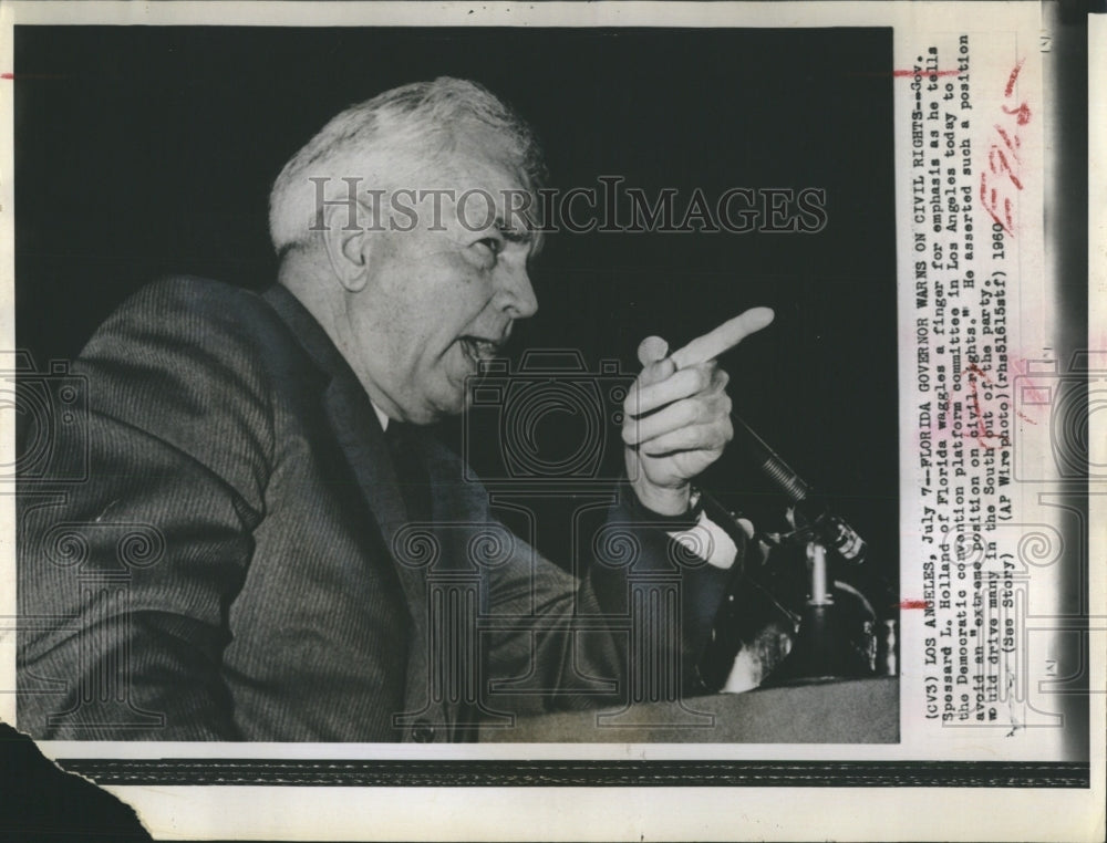 1960 Press Photo Governor Spessard L. Hollard Florida Pointing Finger Democratic- Historic Images